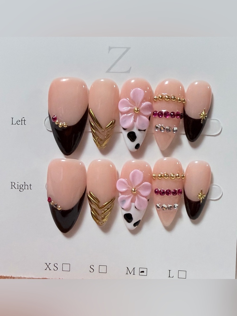 Nude Pink and Dark Brown Floral Accent Press-On Nails